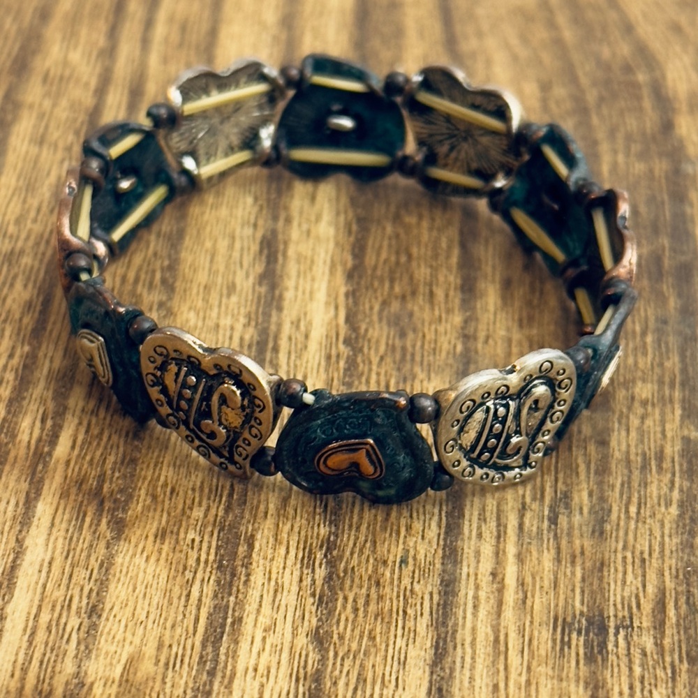 Vintage Style Stretch Patina /copper /silvertone Heart‎ Musical Bracelet